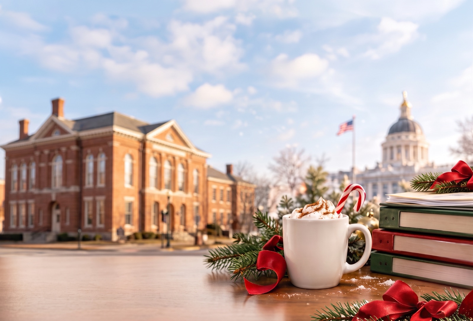 Town hall and capitol behind a desk with cocoa, pine, ribbon and binders