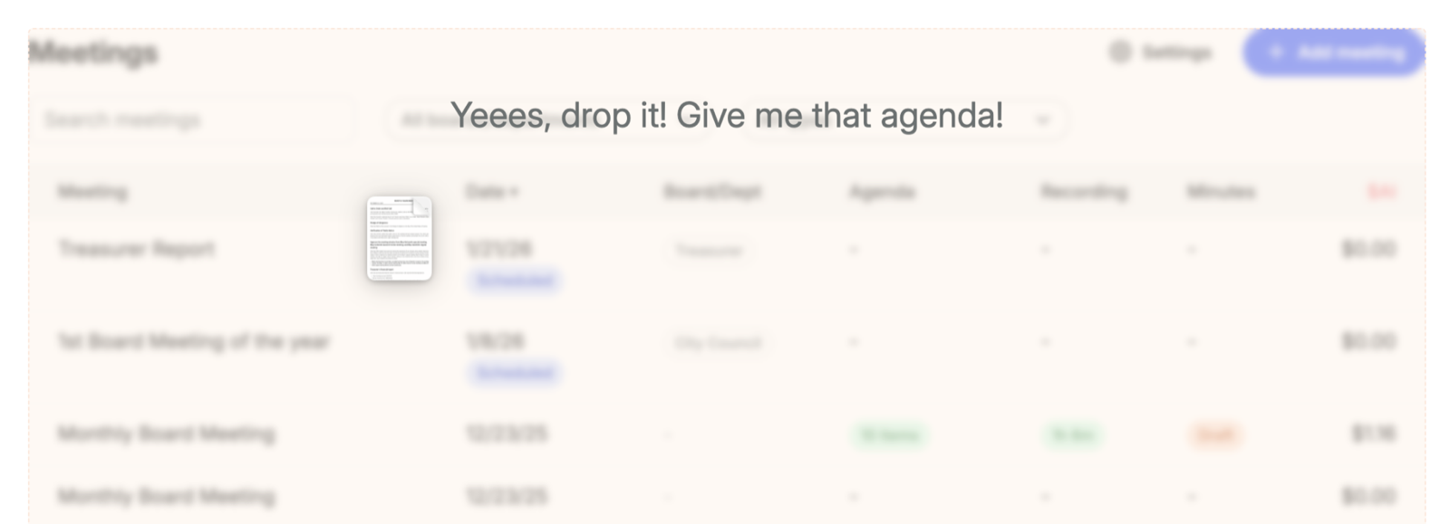 ClerkMinutes: dropping a meeting agenda into a new meeting